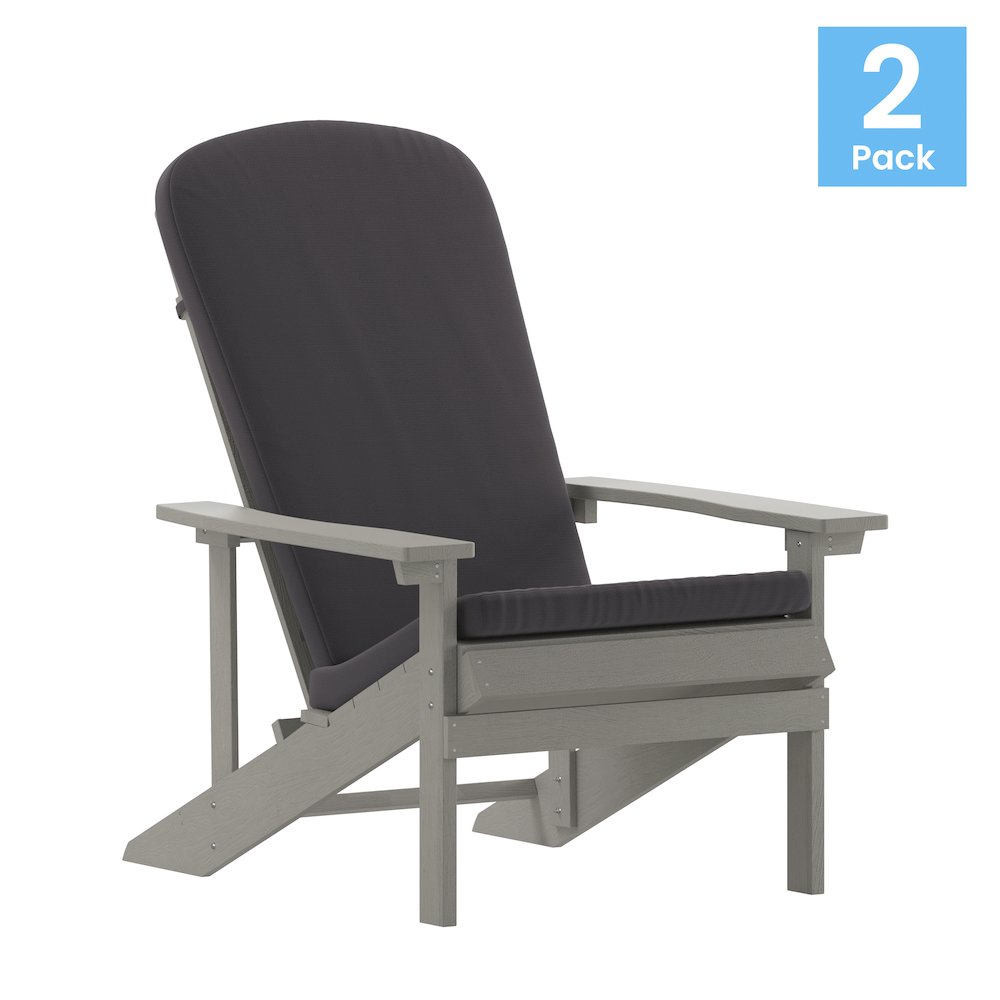 Set of 2 Adirondack Chairs in Gray with Gray Cushions for Deck, Porch, and Patio