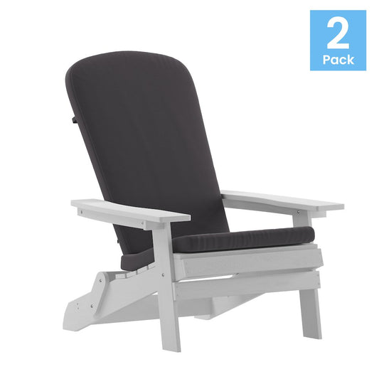 Set of 2Folding Adirondack Chairs in White with Gray Cushions, Porch, and Patio