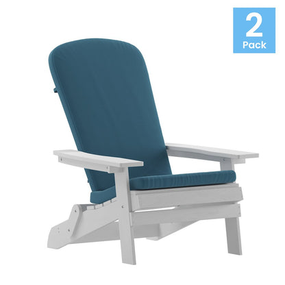 Set of 2Folding Adirondack Chairs in White with Teal Cushions, Porch, and Patio