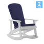 Set of 2 Adirondack Rocking Chairs in White with Blue Cushions, Porch, and Patio