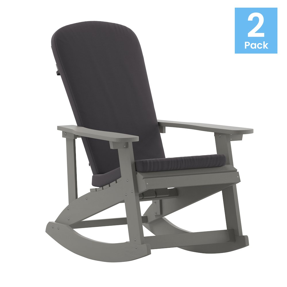 Set of 2 Adirondack Rocking Chairs in Gray with Gray Cushions, Porch, and Patio