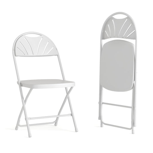 2 Pack 650 lb. Capacity White Plastic Fan Back Folding Chair