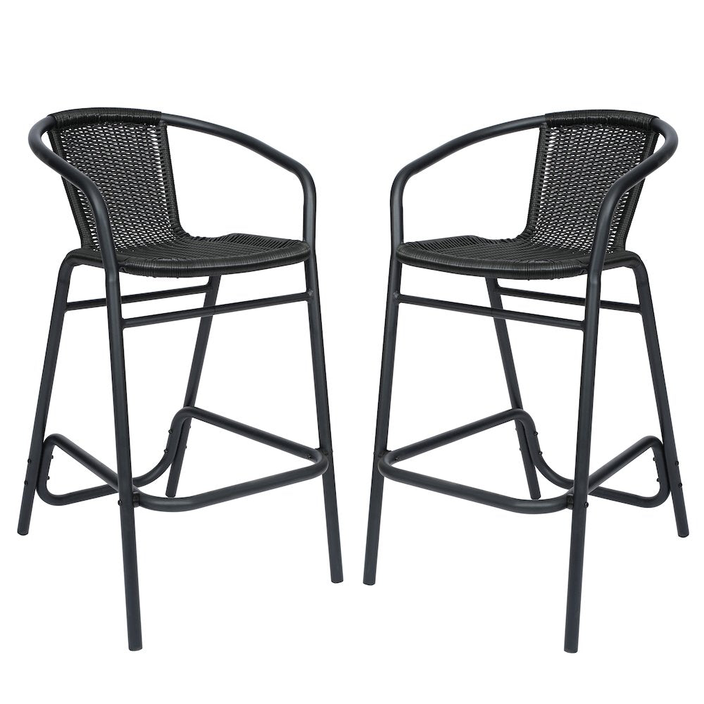 Set of 2 Rattan Restaurant Barstool with Black Aluminum Frame, Black