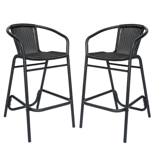 Set of 2 Rattan Restaurant Barstool with Black Aluminum Frame, Black