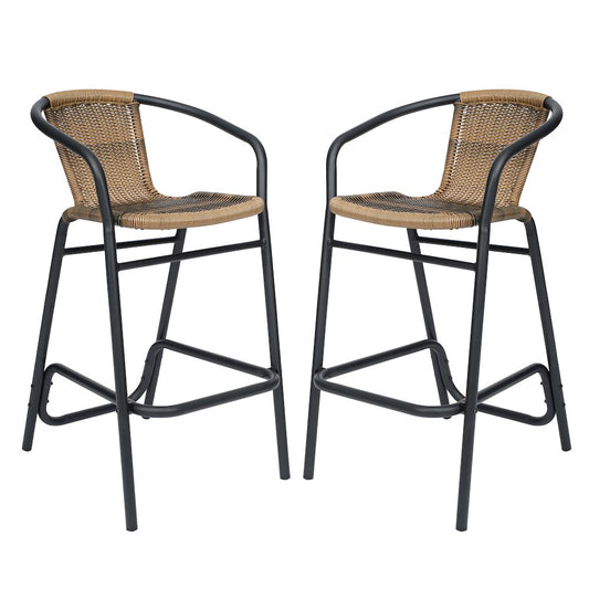 Set of 2 Rattan Restaurant Barstool with Black Aluminum Frame, Medium Brown