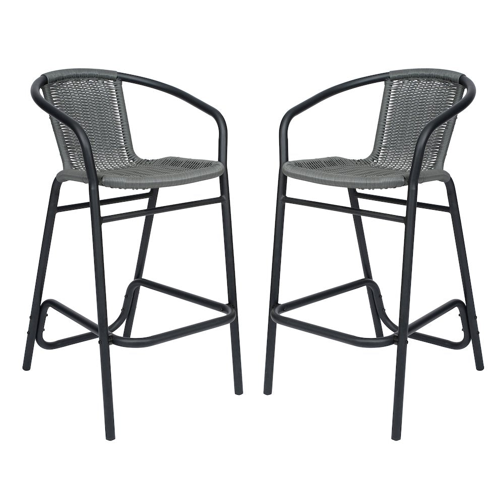 Set of 2 PE Rattan Restaurant Barstool with Black Aluminum Frame , Gray