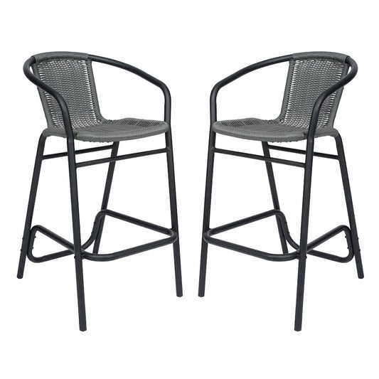 Set of 2 PE Rattan Restaurant Barstool with Black Aluminum Frame , Gray