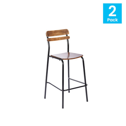 2 Pack Cyprus Solid Wood Bar Stools, Black Metal Frames, Antique Copper Finish