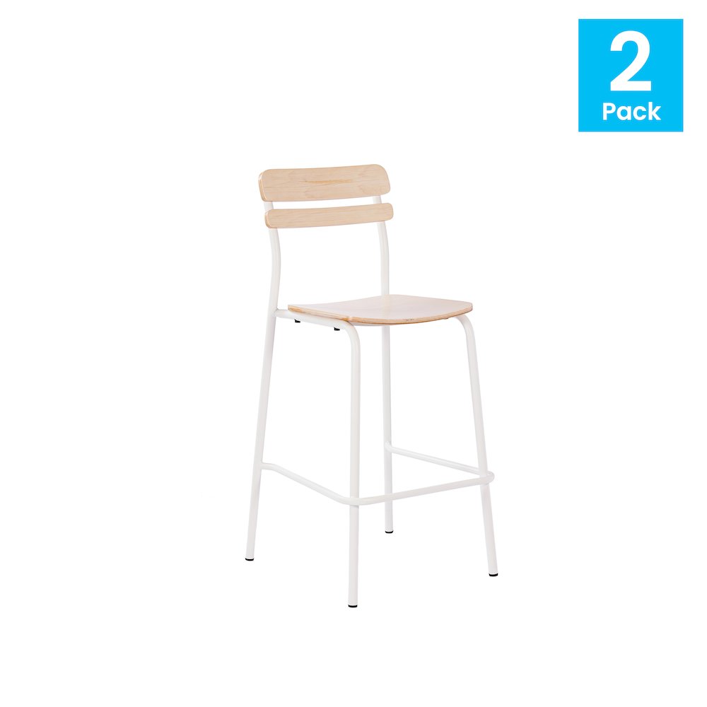 2 Pack Cyprus Solid Wood Bar Stools, White Metal Frames, Antique White Finish