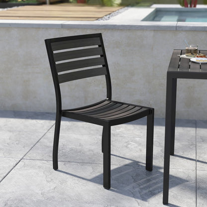 Outdoor Stackable Side Chair with Gray Wash Faux Teak Poly Slats, Set of 2