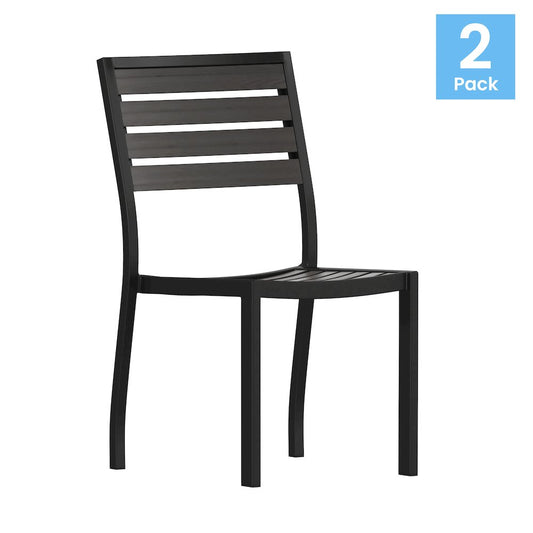 Outdoor Stackable Side Chair with Gray Wash Faux Teak Poly Slats, Set of 2