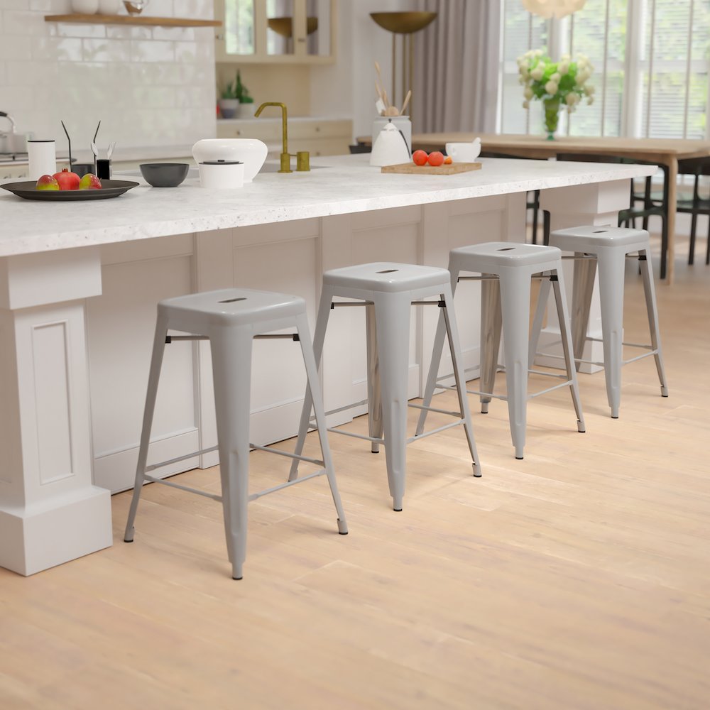 Modern Industrial Metal Stool in Silver (Set of 4)