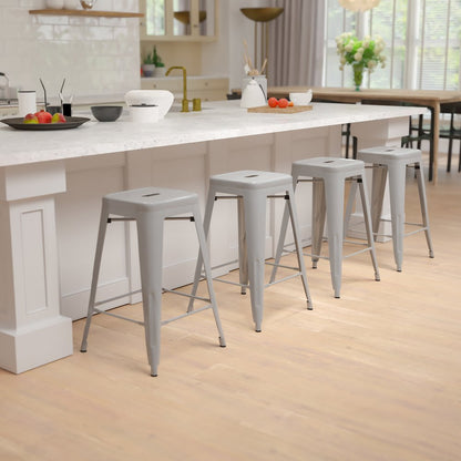 Modern Industrial Metal Stool in Silver (Set of 4)