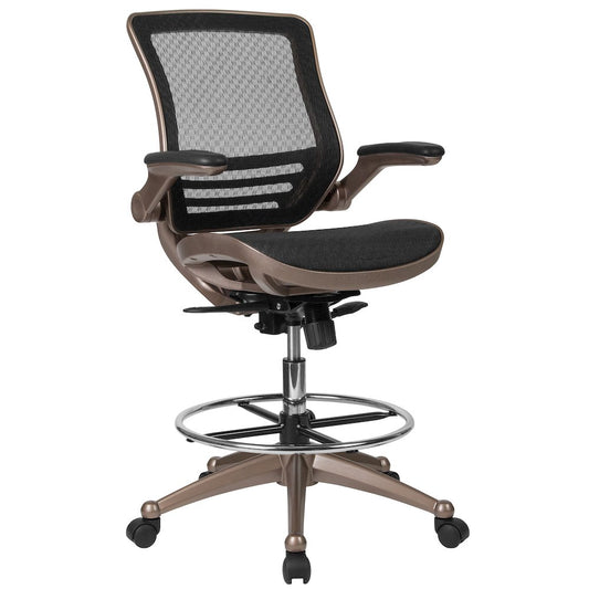 Mid-Back Black Mesh Drafting Chair with Melrose Gold Frame and Flip-Up Arms