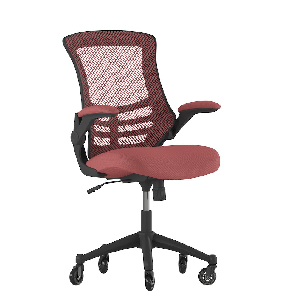 Mid-Back Red Mesh Swivel Task Office Chair with Flip-Up Arms and Roller Wheels