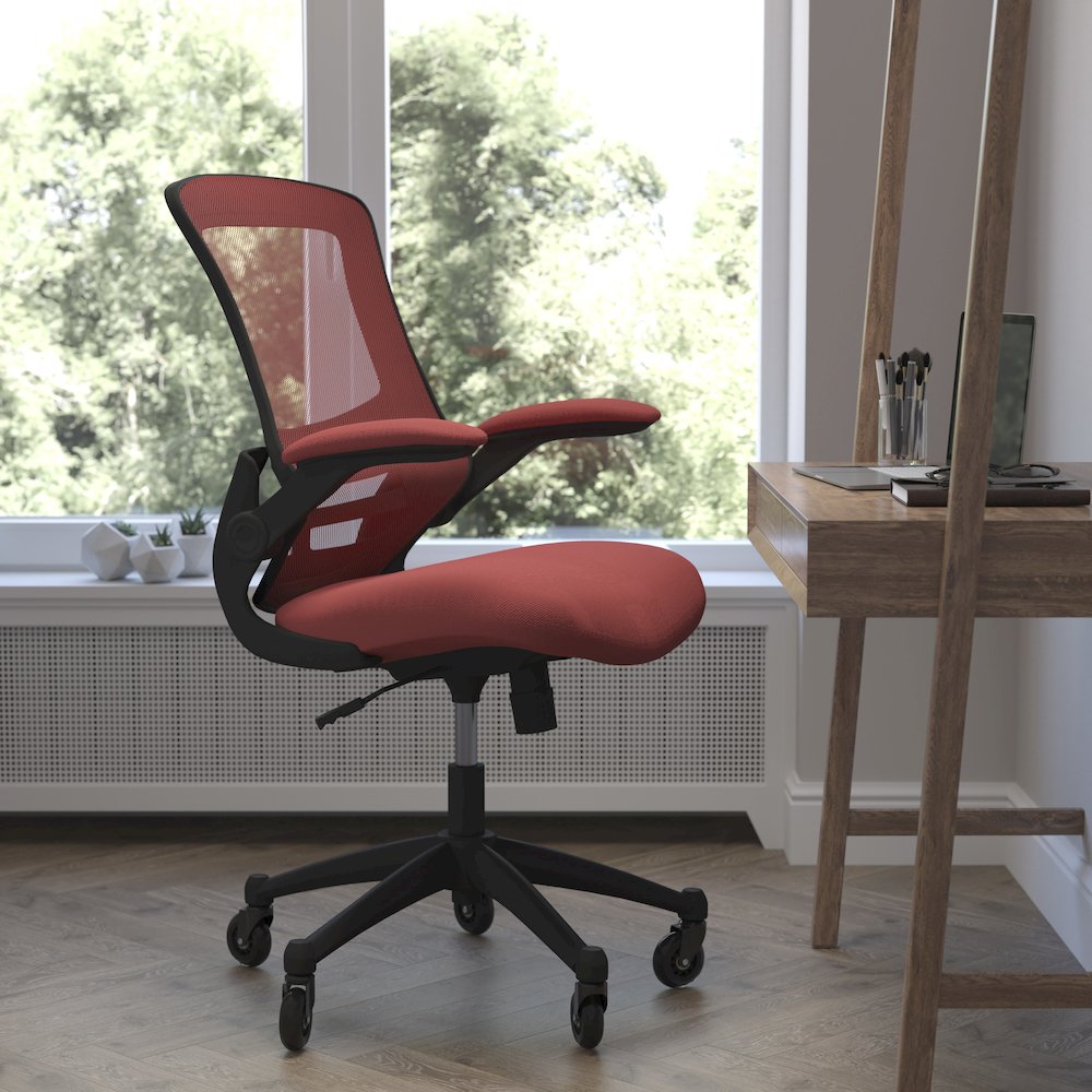 Mid-Back Red Mesh Swivel Task Office Chair with Flip-Up Arms and Roller Wheels