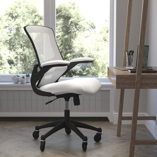 Mid-Back White Mesh Swivel Task Office Chair with Flip-Up Arms and Roller Wheels