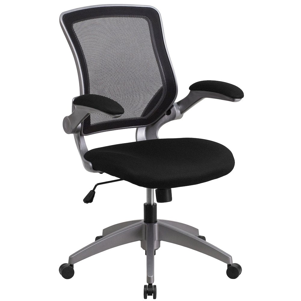 Mid-Back Black Mesh Swivel Task Office Chair with Gray Frame and Flip-Up Arms