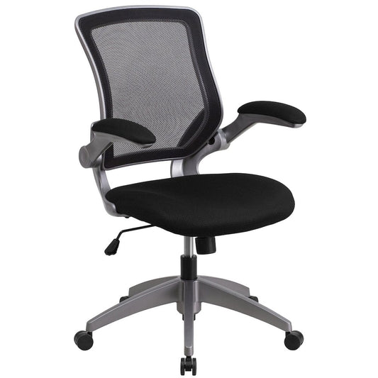 Mid-Back Black Mesh Swivel Task Office Chair with Gray Frame and Flip-Up Arms