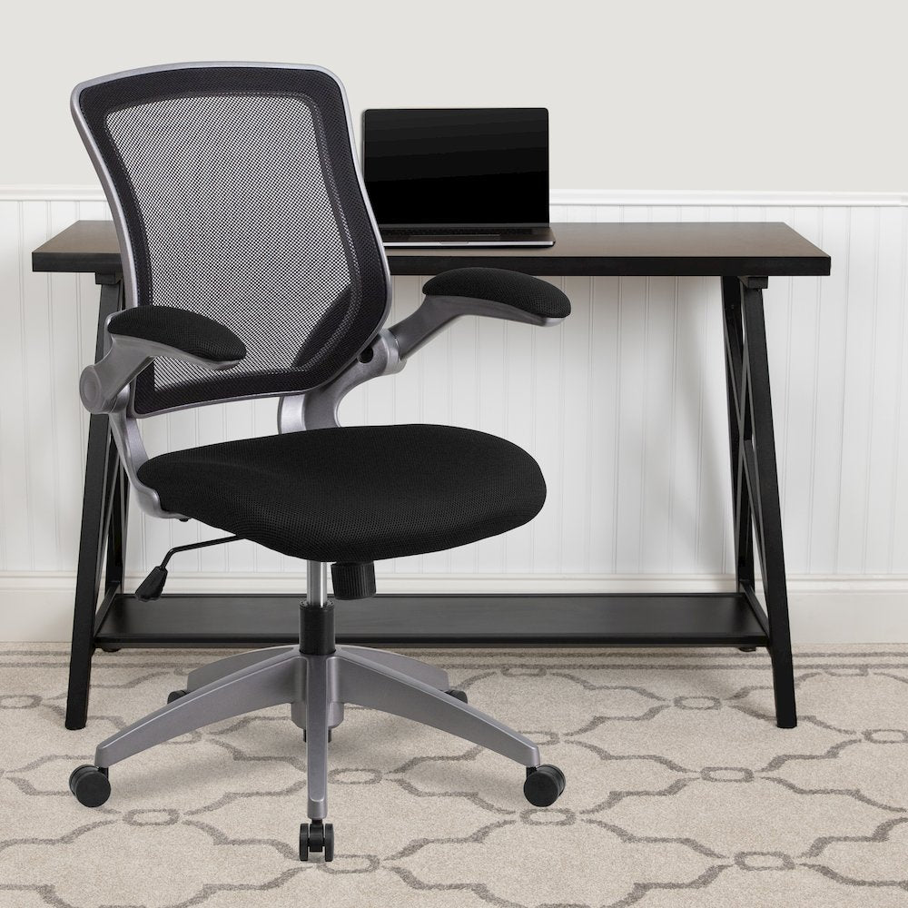 Mid-Back Black Mesh Swivel Task Office Chair with Gray Frame and Flip-Up Arms