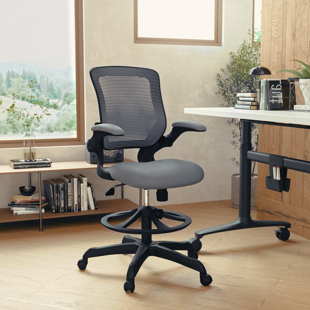 Mid-Back Dark Gray Mesh Drafting Chair with Adjustable Foot Ring