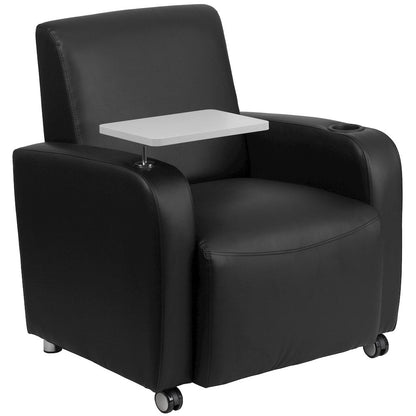 Black Guest Chair with Tablet Arm, Front Wheel Casters and Cup Holder
