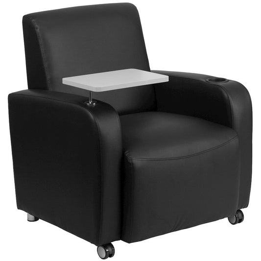 Black Guest Chair with Tablet Arm, Front Wheel Casters and Cup Holder