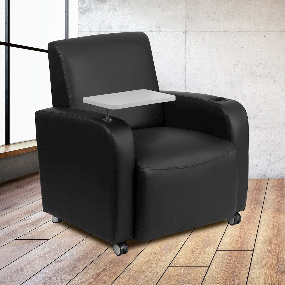 Black Guest Chair with Tablet Arm, Front Wheel Casters and Cup Holder
