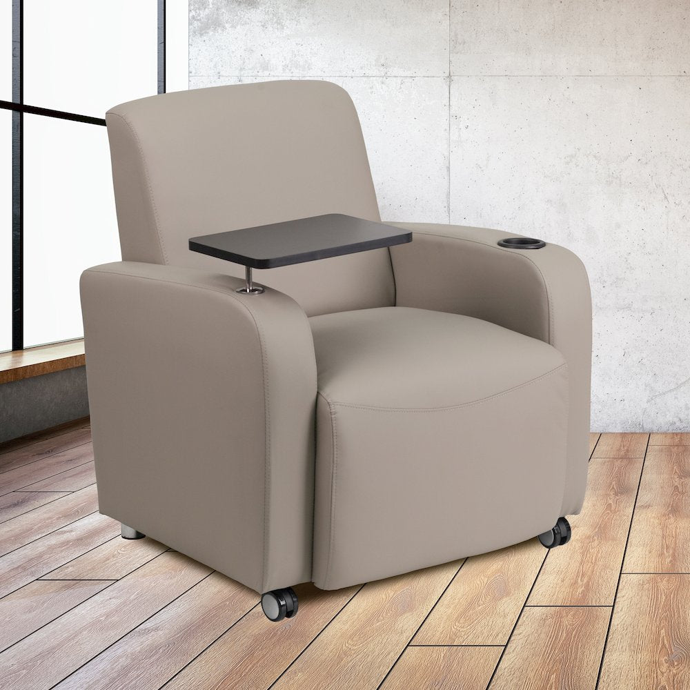 Gray LeatherSoft Guest Chair with Tablet Arm, Front Wheel Casters and Cup Holder