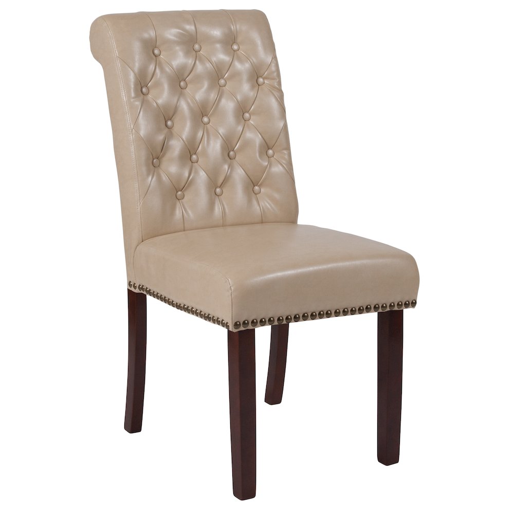 Beige Parsons Chair with Rolled Back, Accent Nail Trim and Walnut Finish
