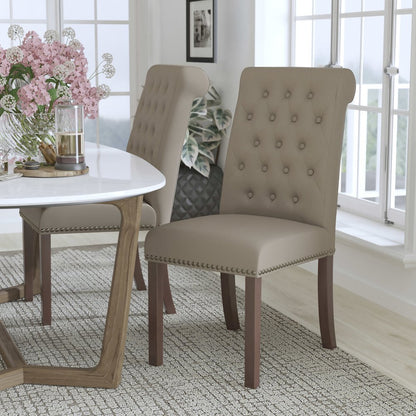 Beige Parsons Chair with Rolled Back, Accent Nail Trim and Walnut Finish