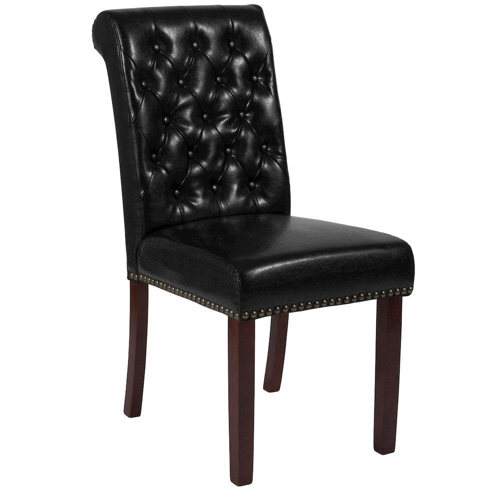 Black Parsons Chair with Rolled Back, Accent Nail Trim and Walnut Finish
