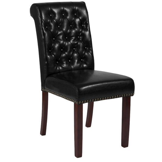 Black Parsons Chair with Rolled Back, Accent Nail Trim and Walnut Finish