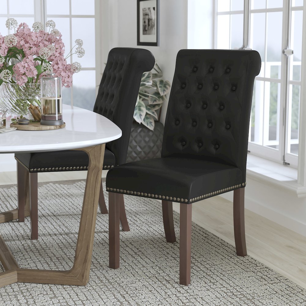 Black Parsons Chair with Rolled Back, Accent Nail Trim and Walnut Finish