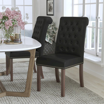 Black Parsons Chair with Rolled Back, Accent Nail Trim and Walnut Finish