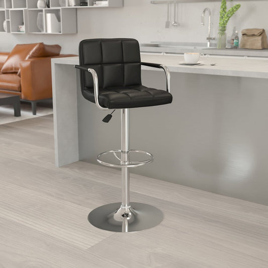 Black Quilted Vinyl Adjustable Height Barstool with Arms and Chrome Base