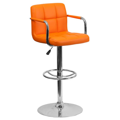 Orange Quilted Vinyl Adjustable Height Barstool with Arms and Chrome Base