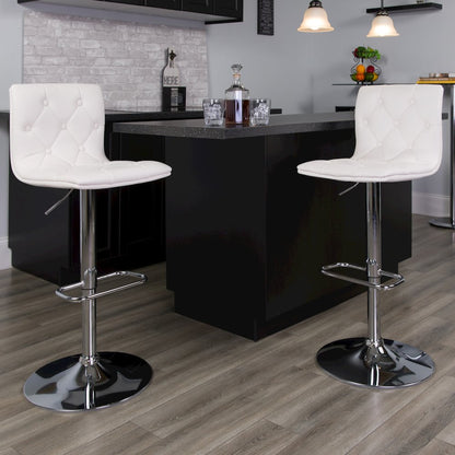 Button Tufted White Vinyl Adjustable Height Barstool with Chrome Base