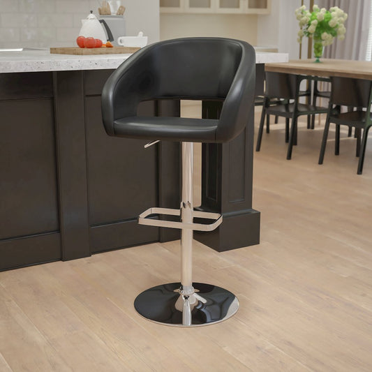 Black Vinyl Adjustable Height Barstool with Rounded Mid-Back and Chrome Base