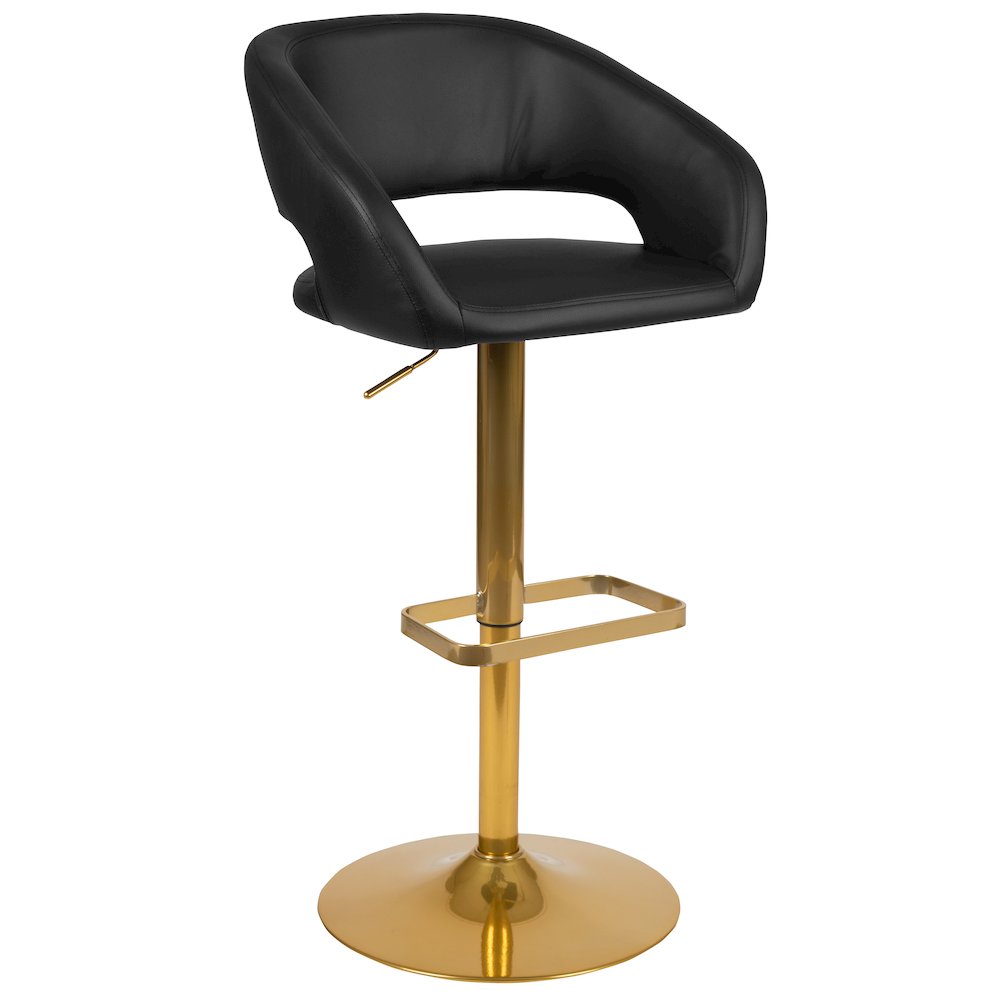 Black Vinyl Adjustable Height Barstool with Rounded Mid-Back and Gold Base