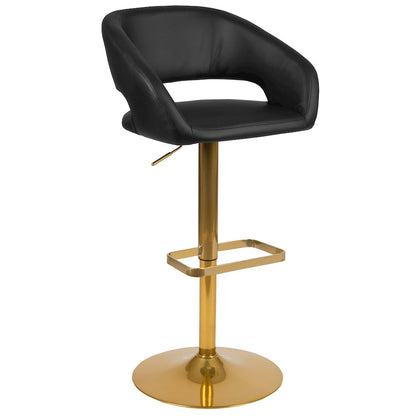 Black Vinyl Adjustable Height Barstool with Rounded Mid-Back and Gold Base