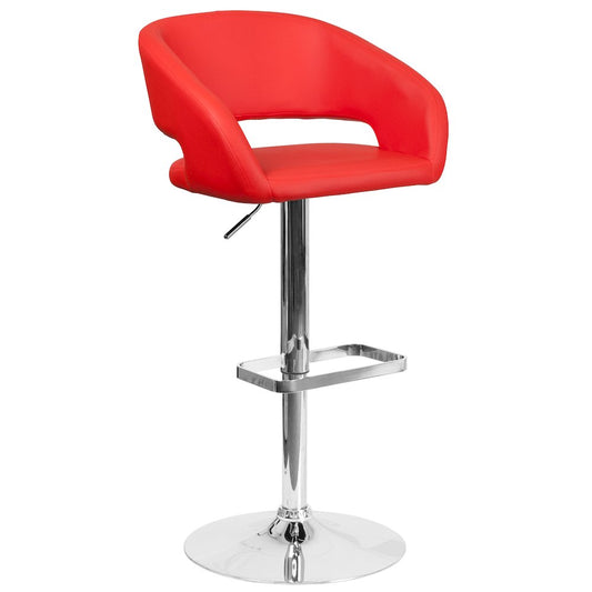 Red Vinyl Adjustable Height Barstool with Rounded Mid-Back and Chrome Base