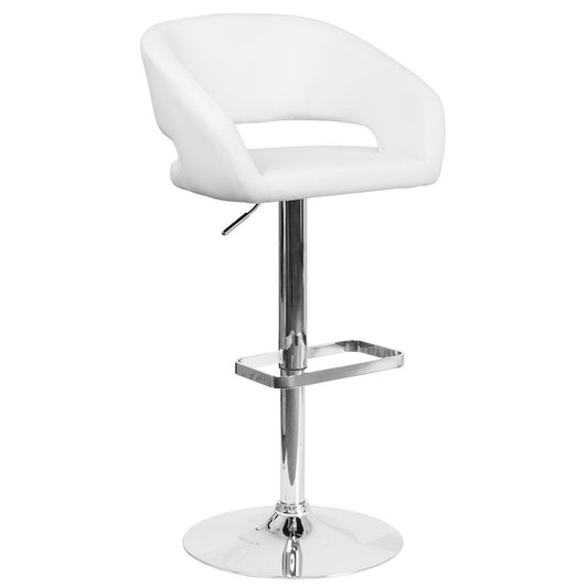 White Vinyl Adjustable Height Barstool with Rounded Mid-Back and Chrome Base