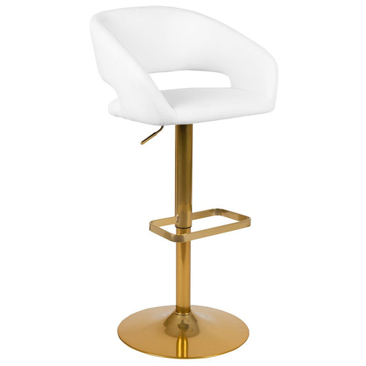 White Vinyl Adjustable Height Barstool with Rounded Mid-Back and Gold Base