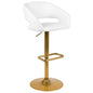 White Vinyl Adjustable Height Barstool with Rounded Mid-Back and Gold Base