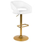 White Vinyl Adjustable Height Barstool with Rounded Mid-Back and Gold Base