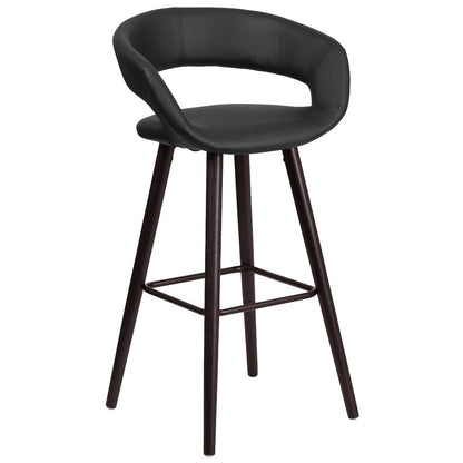 29'' High Contemporary Cappuccino Wood Barstool in Black Vinyl