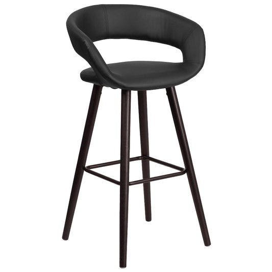 29'' High Contemporary Cappuccino Wood Barstool in Black Vinyl