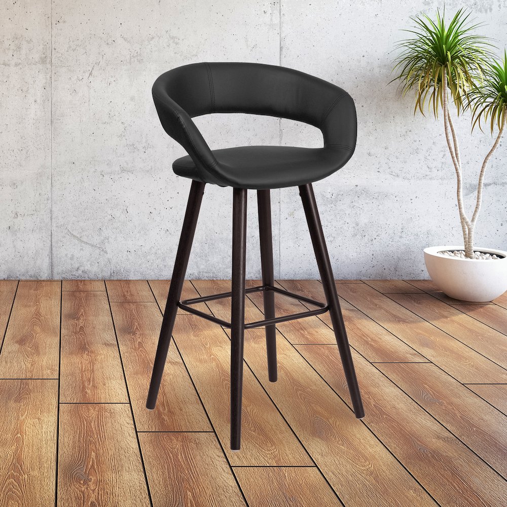 29'' High Contemporary Cappuccino Wood Barstool in Black Vinyl