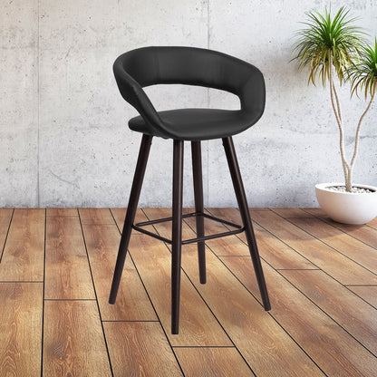 29'' High Contemporary Cappuccino Wood Barstool in Black Vinyl